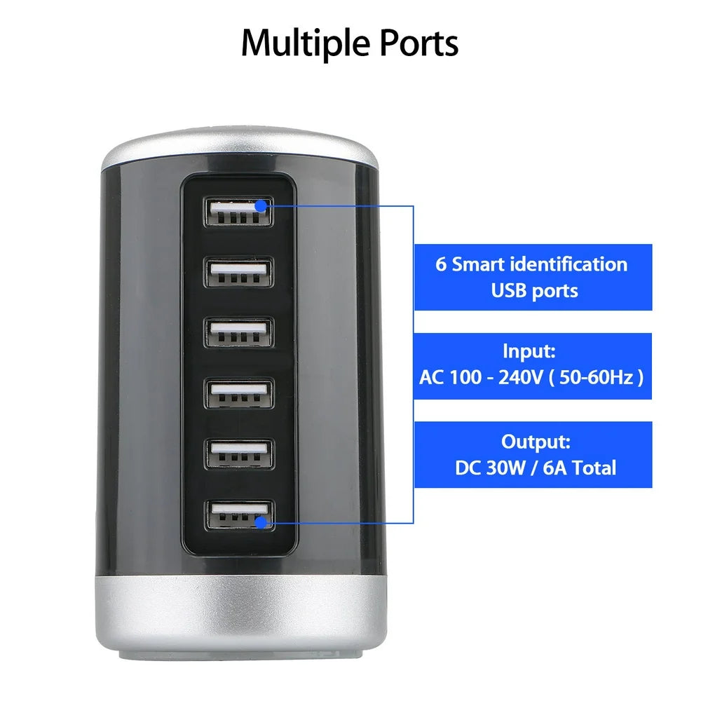 6 USB Ports Hub 6A/30W Rapid Charging Station Desktop Charger Fits for Phone Tablet Iphone Ipad Samsung LG HTC Moto